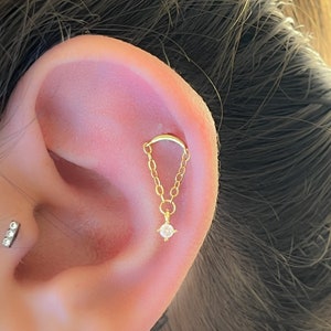 Boucle d'oreille hélicoïdale chaîne - Boucle d'oreille hélicoïdale incurvée - Piercing chaîne hélicoïdale - Chaîne CZ de 16 g Cartilage de diamants en or ou en argent, vis Labret, clou à l'arrière