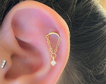 Helix-Ohrring-Kette, gebogener Helix-Ohrring, Helix-Kette, Piercing, 16 g Kette, CZ-Diamant-Knorpel in Gold oder Silber, Labret-Schraubbolzen mit flacher Rückseite