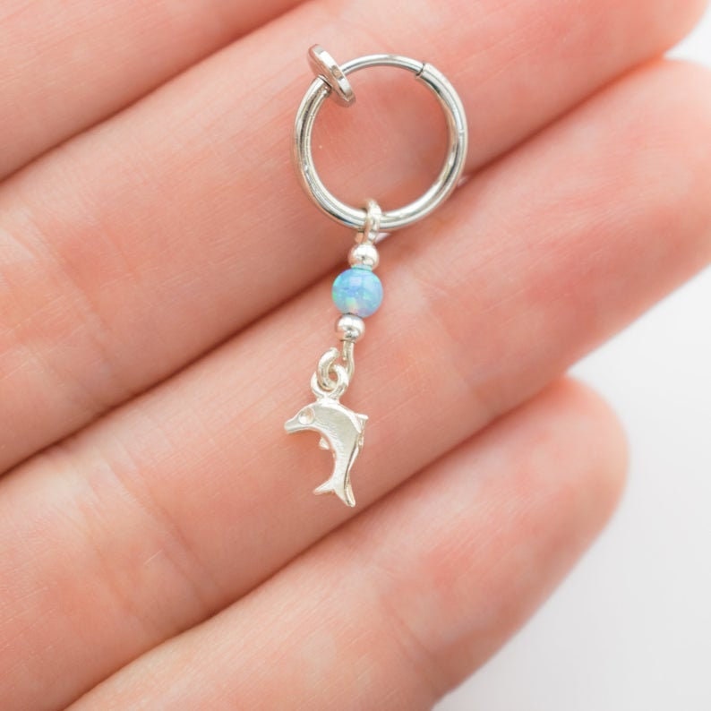 Fake Belly Navel Non Piercing Clip On, Fake belly Button Piercing Ring, Belly Hoop Dolphin Opal , Add On Belly Ring, Fake Belly Hoop 