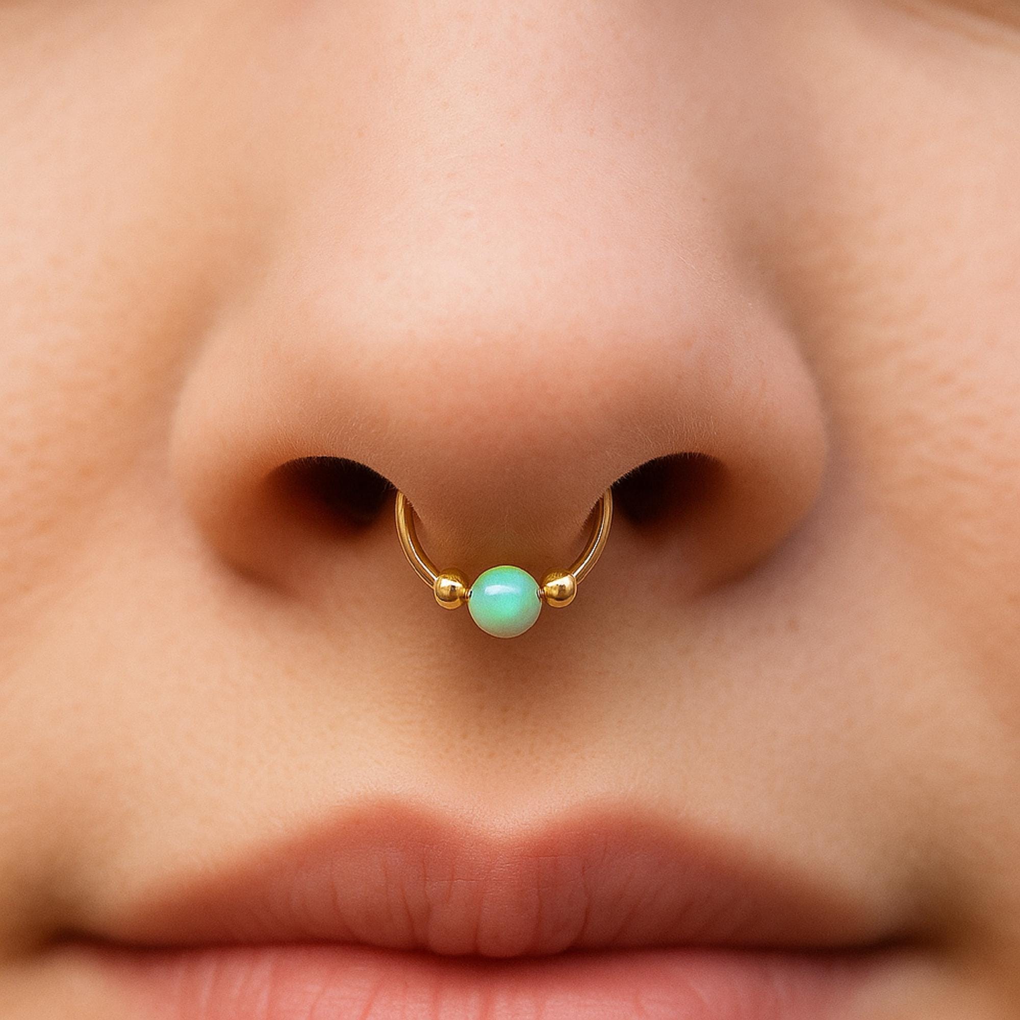 faux septum ring , fake septum piercing , opal septum , green septum, beaded nose ring, nose cuff,