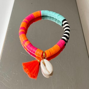 Katsuki beads with pendants, heishi, tassel, shell, summer neon bracelet, surfer bracelet image 1