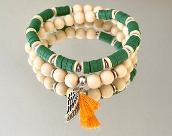 Double row bracelet made of Katsuki discs, acrylic beads and two charms, Heishi, tassel, tassel, surfer bracelet