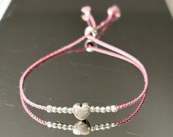 Silk bracelet with silver beads and sliding bead as a clasp, friendship bracelet