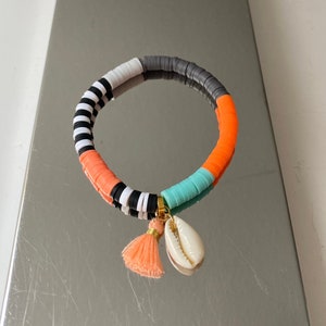 Katsuki beads with pendants, heishi, neon, shell, cowrie shell, surfer bracelet