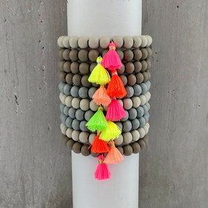 Bracelet with wooden beads and Katsuki beads in gradient, tassel, neon, heishi image 5