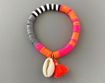 Katsuki beads with pendants, heishi, neon, shell, cowrie shell, tassel, tassel, surfer bracelet