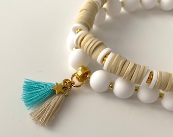 Double row bracelet made of katsuki discs, acrylic beads and two pendants, heishi, tassel, tassel, surfer bracelet