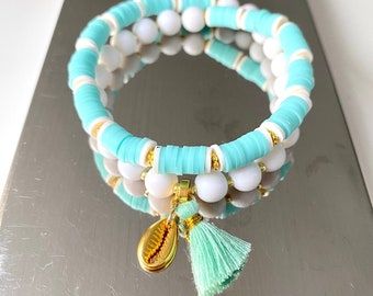 Double row bracelet made of katsuki discs, acrylic beads and two pendants, heishi, tassel, tassel, shell, surfer bracelet