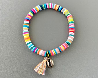 Katsuki beads with charms, rainbow, heishi, neon, shell, cowrie shell, tassel, tassel, surfer bracelet