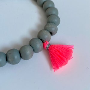 Bracelet with wooden beads and Katsuki beads in gradient, tassel, neon, heishi image 3