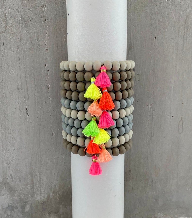 Bracelet with wooden beads and Katsuki beads in gradient, tassel, neon, heishi image 5