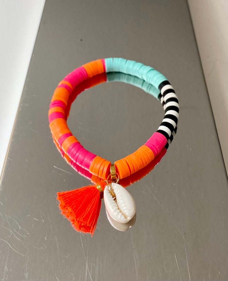 Katsuki beads with pendants, heishi, tassel, shell, summer neon bracelet, surfer bracelet image 1
