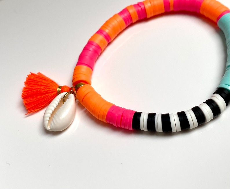 Katsuki beads with pendants, heishi, tassel, shell, summer neon bracelet, surfer bracelet image 5