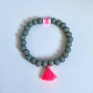 Bracelet with wooden beads and Katsuki beads in gradient, tassel, neon, heishi image 2