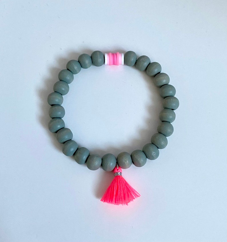 Bracelet with wooden beads and Katsuki beads in gradient, tassel, neon, heishi image 2