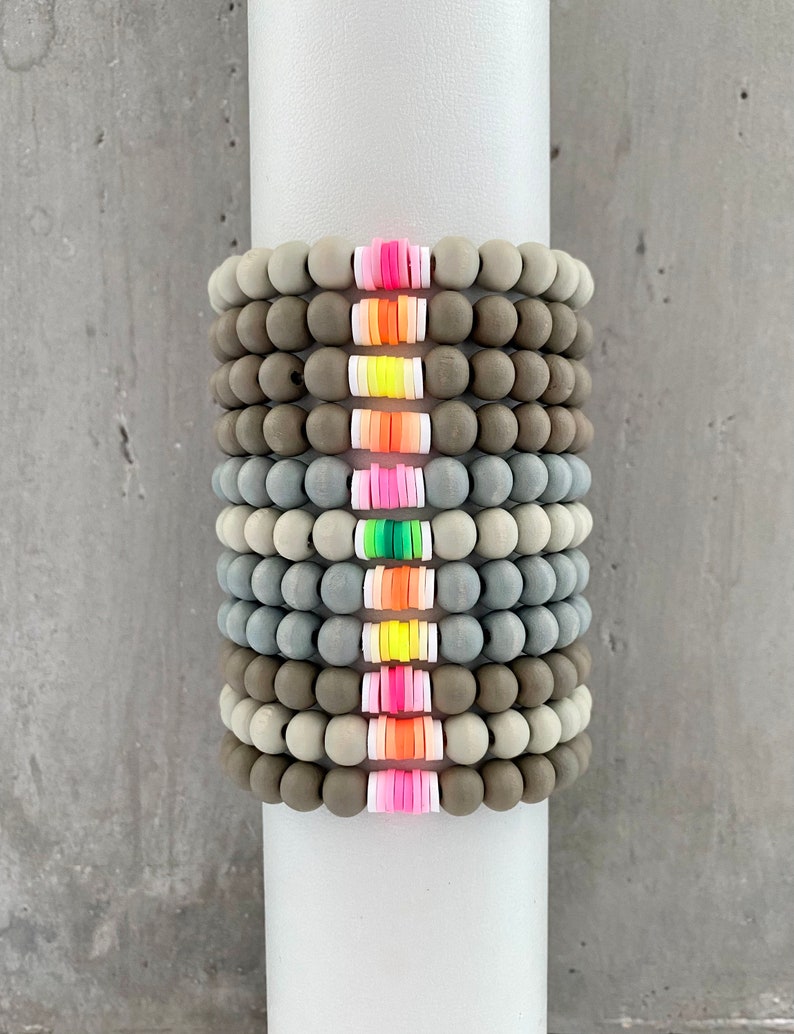 Bracelet with wooden beads and Katsuki beads in gradient, tassel, neon, heishi image 6