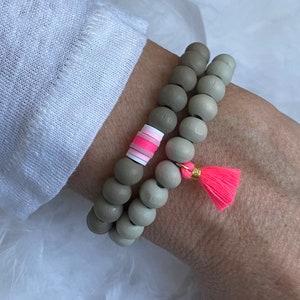 Bracelet with wooden beads and Katsuki beads in gradient, tassel, neon, heishi image 1