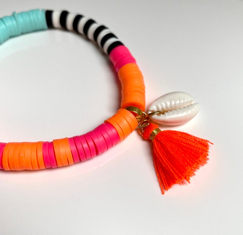 Katsuki beads with pendants, heishi, tassel, shell, summer neon bracelet, surfer bracelet image 3
