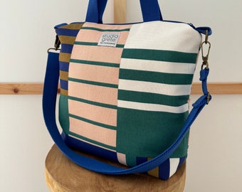 LILLI mini shopper toile rayures colorées // sac shopper femme sac à main sac bandoulière colorblock toile cobalt blush vert curry écru