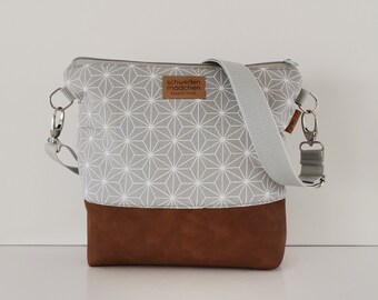 Shoulder bag MILLA Stars geo grey/cognac // Women's shoulder bag,Handbag,Crossbody bag,Bag vegan,Canvas,Imitation leather,grey,brown