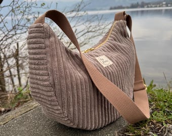 MILOU Moonbag Cord Taupe // Borsa a tracolla da donna Halfmoon Bag Banana Bag Ampia in velluto a coste color pastello