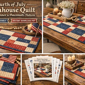 May include: A table runner and placemat set with a patchwork design in red, white, and blue. The pattern is ideal for a Fourth of July celebration. The image text reads "Fourth of July Farmhouse Quilt Table Runner & Placemats Pattern".