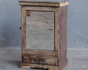 Armario de espejo vintage indio: armario de pared gris con cajón | Mueble de baño, pieza única de madera