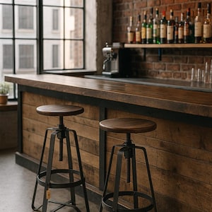 May include: Interior shot of a bar with two adjustable height stools. The stools have round wooden seats and black metal frames. The bar is made of dark wood and has a brick wall backdrop with bottles of liquor on a shelf. A large window is in the background.