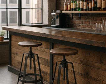 Taburete de bar de estilo industrial de altura regulable con asiento de madera y estructura de metal – 63–80 cm, madera recuperada, taburete de bar de cocina, silla de bar, muebles de bar