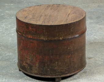 Round Coffee Table upcyled metal drum and reclaimed wood