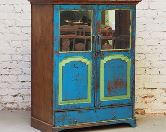 Vintage blue wooden cabinet with mirror from India, Indian wooden cabinet, original wooden box with mirror doors, unique