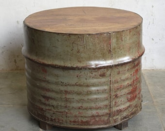 Round Coffee Table upcyled metal drum and reclaimed wood