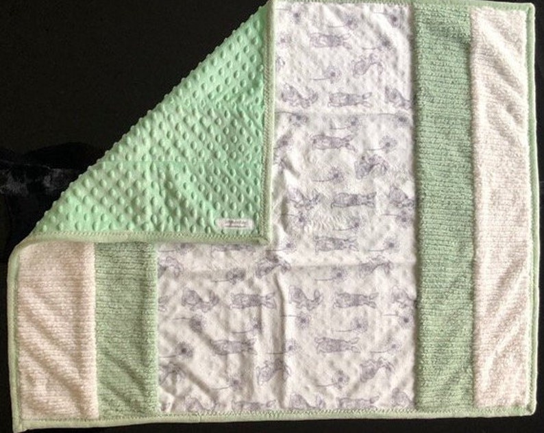 Handmade Modern Baby Minky Baby Blanket Gray Bunny Print with Green and White Stripes Baby Blanket