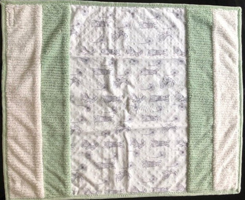 Handmade Modern Baby Minky Baby Blanket Gray Bunny Print with Green and White Stripes Baby Blanket