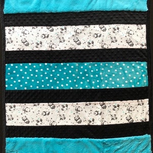 Handmade Modern Baby Minky Baby Blanket Blue and Black Panda Bear with White Polka Dots Baby Blanket