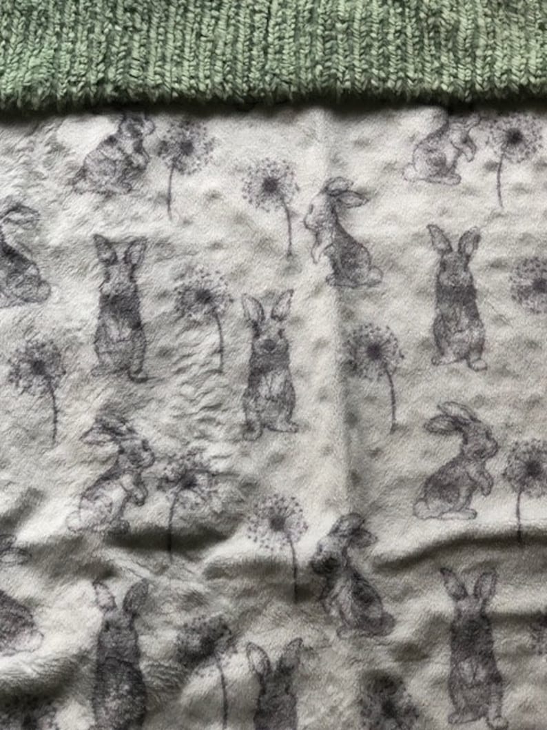 Handmade Modern Baby Minky Baby Blanket Gray Bunny Print with Green and White Stripes Baby Blanket