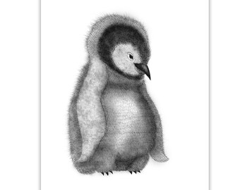 Kunstdruck Schwarz Weiß - Pinguin / Poster, Druck Vogel, Aquarellbild Vogel, Illustration Pinguin Küken, minimalistische Wand Dekoration