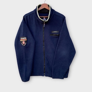 Vintage 1990s Chaps Ralph Lauren Fleece Jacket Navy Blue Full Zip - Spellout Patches Logo Outdoor Style Streetwear / Size L