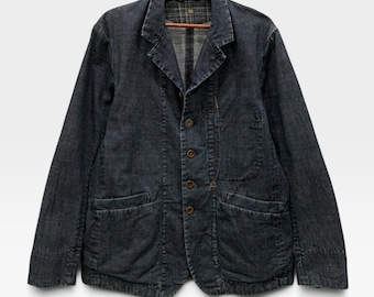 Vintage 45 RPM Dark Indigo Blue Cotton Chore Jacket Stand Collar Vintage Japanese Indigo Denim Jacket / Size M