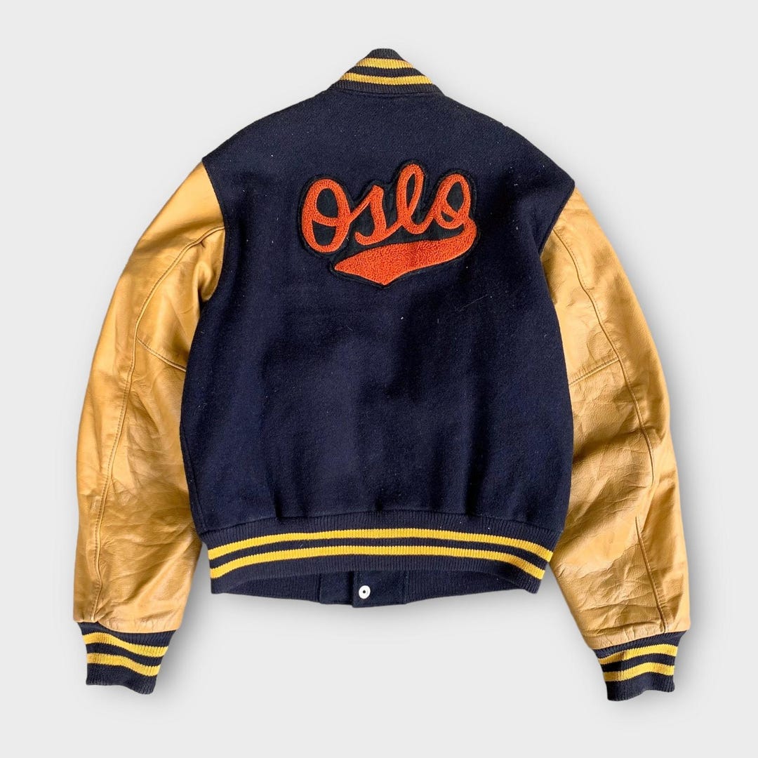 ジャケット・アウター 90s GOLDEN BEAR virsity jacket L navy Rare! Vintage 90s Golden Bear Oslo Wool Varsity Leather
