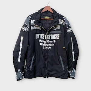 Vintage Custom Bates Leathers Racing Jacket Black Embroidered Patches Logo Biker Long Beach California Streetwear Championship / Size L
