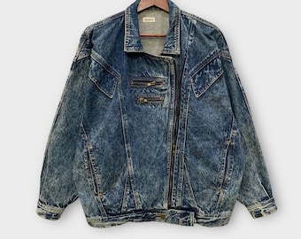 Vintage 80s Sonatine Japan Acid Wash Denim Jacket Oversized Asymmetric Zip Distressed Blue Jean Biker Jacket Retro Japanese Brand / XL