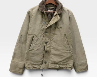 RARE! Vintage 1940s Distressed USN N-1 Deck Jacket WWII Military Navy Alpaca Lined Jacket Zipper Conmar Usa / True Vintage / Size M