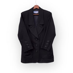 YVES SAINT LAURENT Vintage 1980s Wool Coat - Made In France Black Double Pocket Paris Luxury Designer / Size M