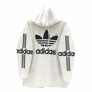 Vintage 90s Adidas  Hoodie Long Sleeve Sweatshirt Jumper Light Grey Colour Vintage Men Clothing Made In Japan  / Hip Hop Style / Swag / M