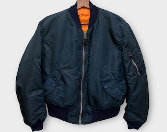Vintage 1990s MA-1 Flight Bomber Jacket - USAF Alpha Industries Nylon - Navy Blue Reversible Military Jacket / Size M
