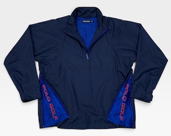 Vintage 1990s Polo Golf Ralph Lauren Quarter Zip Windbreaker Jacket Long Sleeve Navy Blue  / Size L