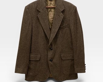 Vintage 1990s Pendleton 100% Pure Virgin Wool  Coat, Brown Herringbone Tweed Blazer Suede Elbow Patches   Made In Usa / Size S