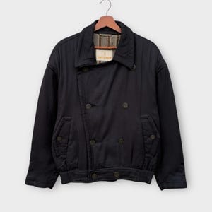 Vintage Trussardi Double Breasted Silk Bomber Jacket - Black Peacoat Style Outerwear Italian Designer / Size L