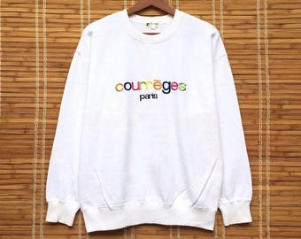 Vintage 90s Courreges Paris CrewNeck Long Sleeve Sweatshirt Embroidered Spell Out Rainbow Logo PullOver Jumper / S